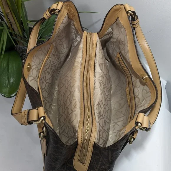 Calvin Klein Signature Tote Shoulder Bag Brown CK Monogram Print Brown Leather